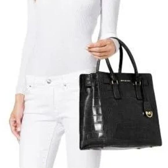 Michael Kors Black Croc Embossed Leather Dillon Tote Crossbody Shoulder Bag - Picture 3 of 15